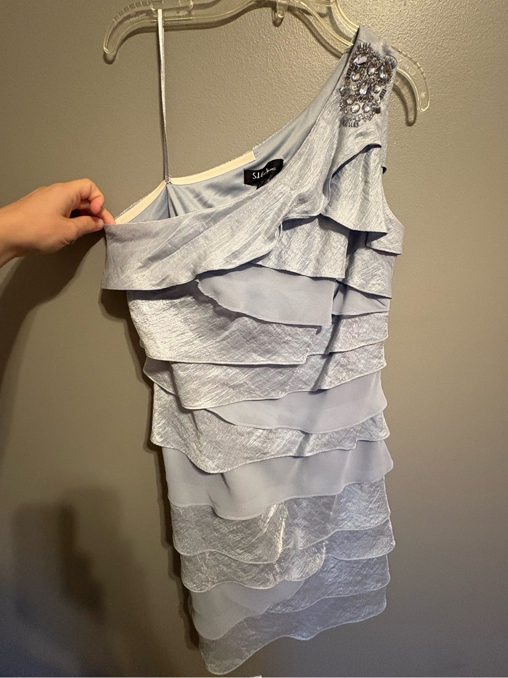 SLNY One-Shoulder Pale Blue Layered Ruffle Dress with Beaded Accent